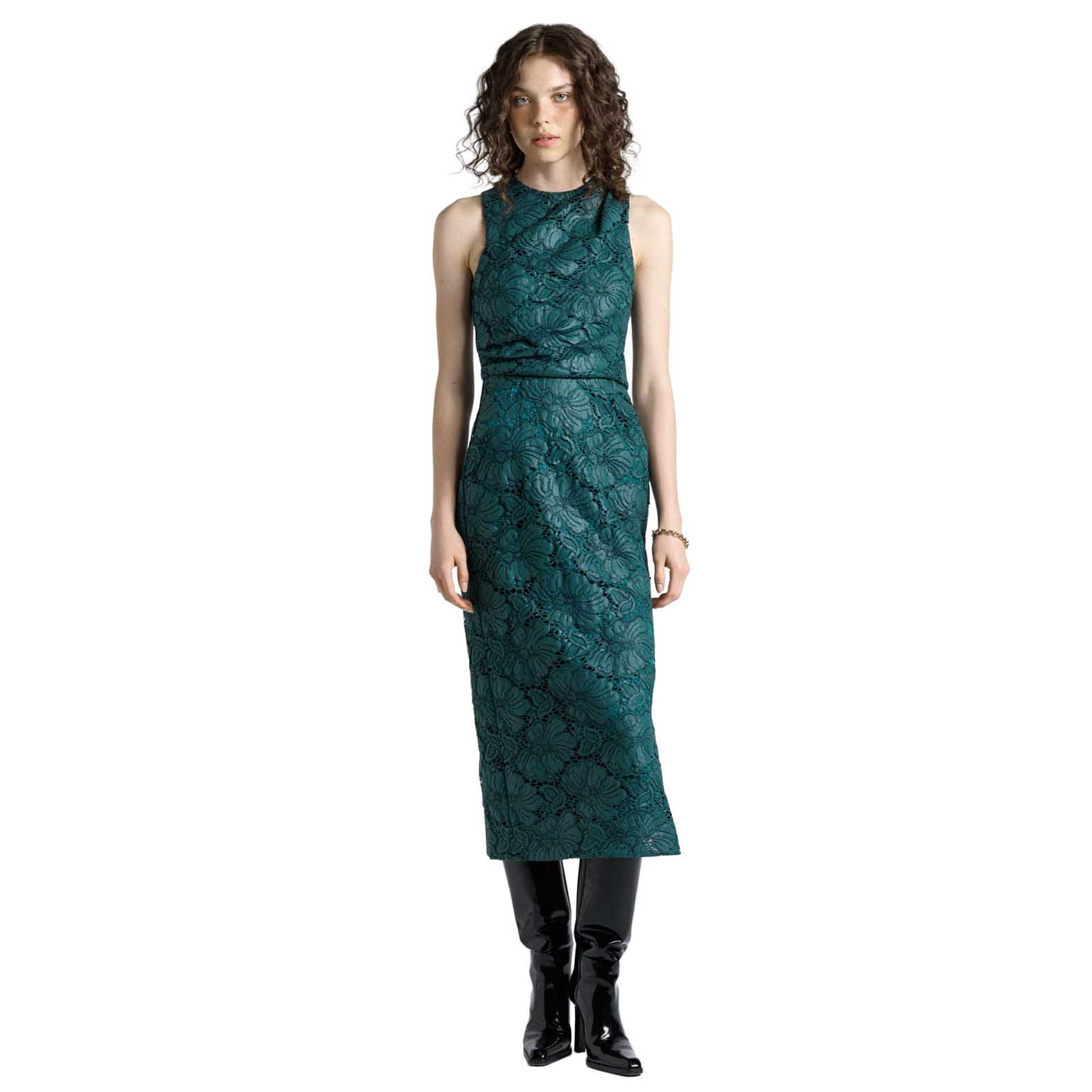 Cue Deep Green European Coated Lace Column Dress